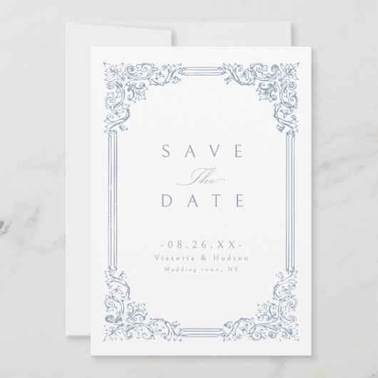 Stoffig Blauw Lijst Elegant Bruiloft Save The Date (Voorkant)