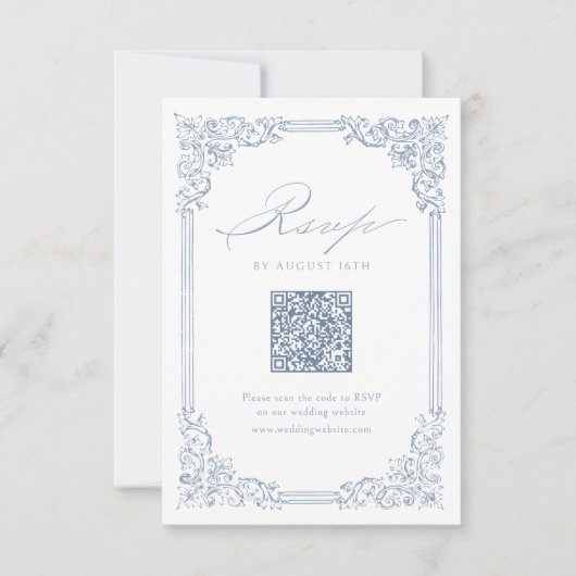 Stoffig Blauw  Lijst Elegant QR Code Bruiloft RSVP Kaartje (Voorkant)