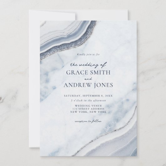 Stoffig Blauw Marmer Agaat Bruiloft Kaart (Voorkant)