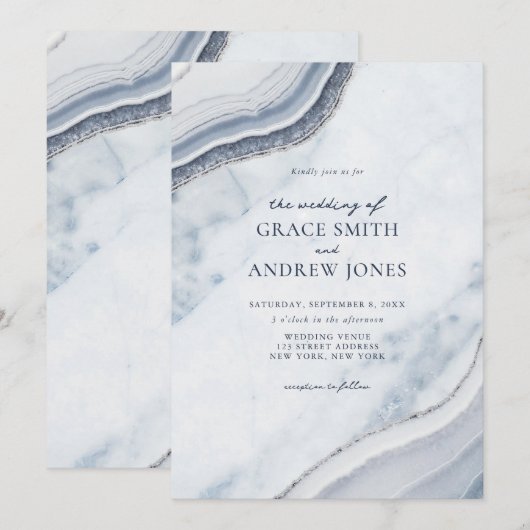 Stoffig Blauw Marmer Agaat Bruiloft Kaart (Voorkant / Achterkant)