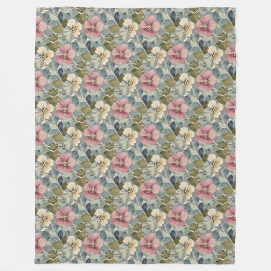 Stoffig blauw met Mauve en witte bloemen Fleece Deken (Voorkant)