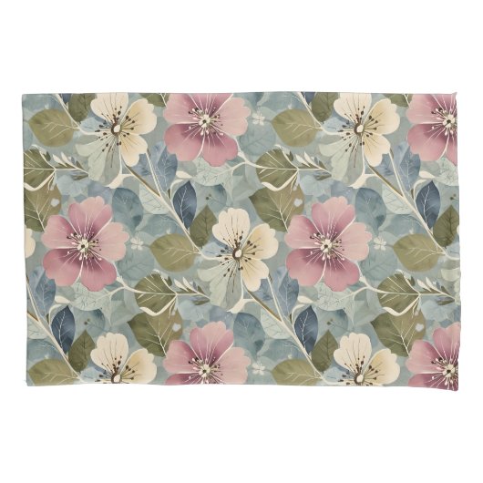 Stoffig blauw met Mauve en witte bloemen Kussensloop (Voorkant)