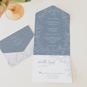 Stoffig Blauw Minimaal Blad Bruiloft All In One Uitnodiging