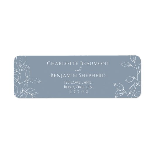 Stoffig Blauw Minimaal Blad Bruiloft Retouradres Etiket (Voorkant)