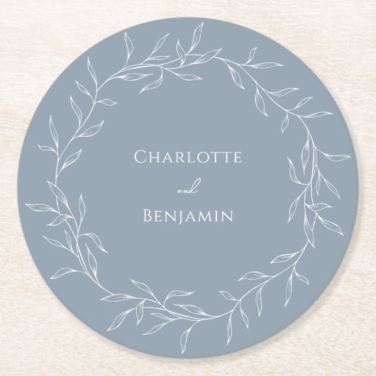Stoffig Blauw Minimaal Blad Bruiloft Ronde Kartonnen Onderzetter (Voorkant)