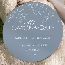 Stoffig Blauw Minimaal Blad Bruiloft Ronde Save The Date