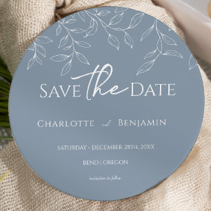 Stoffig Blauw Minimaal Blad Bruiloft Ronde Save The Date