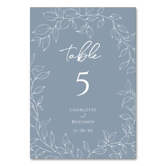 Stoffig Blauw Minimaal Blad Trouwtafel Nummer Kaart (Voorkant)