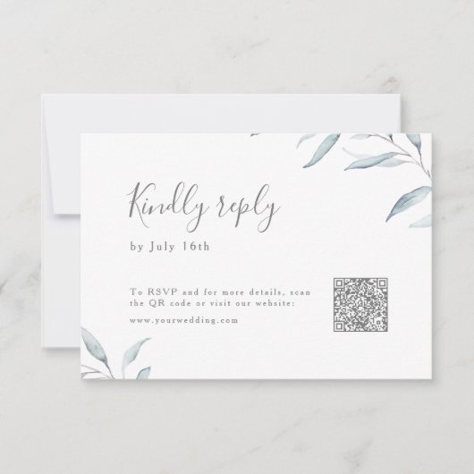 Stoffig blauw minimaal groen bruiloft QR code RSVP Kaartje (Voorkant)