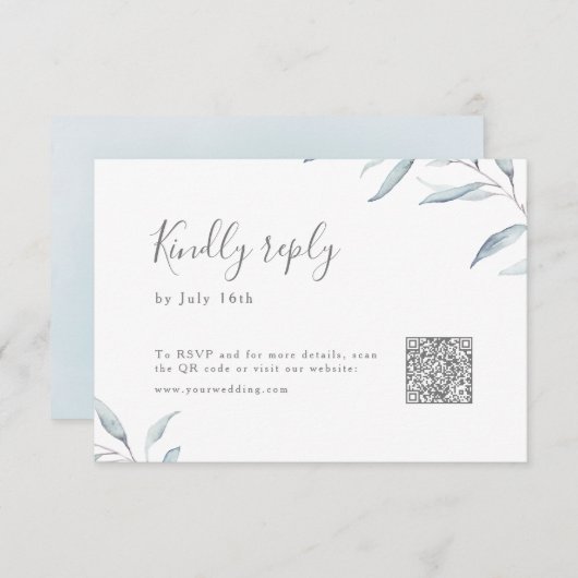 Stoffig blauw minimaal groen bruiloft QR code RSVP Kaartje (Voorkant / Achterkant)