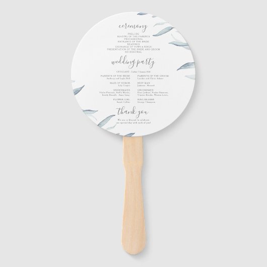 Stoffig blauw minimaal groen rustiek huwelijksprog handwaaier (Achterkant)