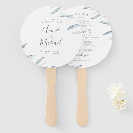 Stoffig blauw minimaal groen rustiek huwelijksprog handwaaier (Voorkant en achterkant)
