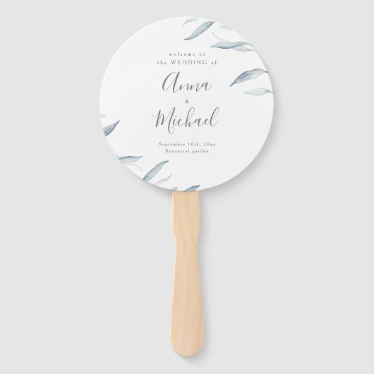 Stoffig blauw minimaal groen rustiek huwelijksprog handwaaier (Voorkant)