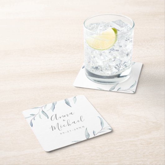 Stoffig blauw minimal groen botanische bruiloft kartonnen onderzetters (Insitu)