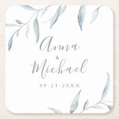 Stoffig blauw minimal groen botanische bruiloft kartonnen onderzetters (Voorkant)