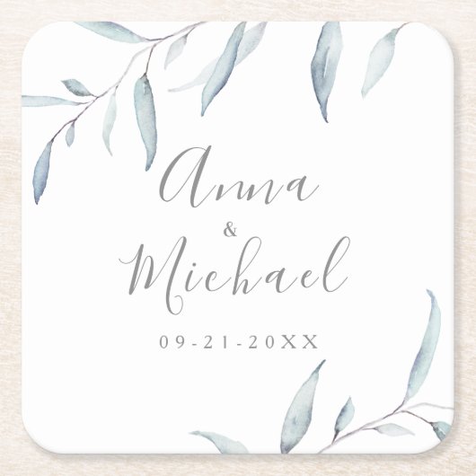 Stoffig blauw minimal groen botanische bruiloft kartonnen onderzetters (Voorkant)