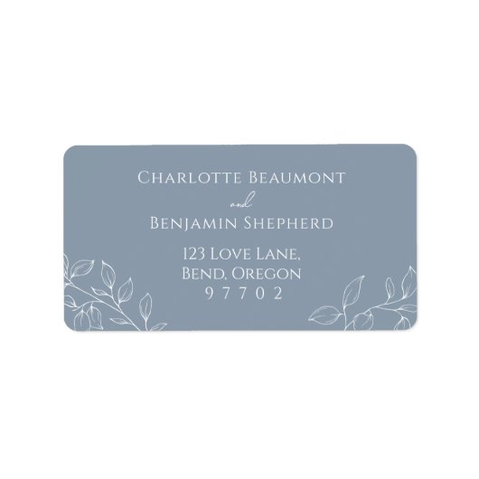 Stoffig Blauw Minimal Leaf Bruiloft Adres Label (Voorkant)