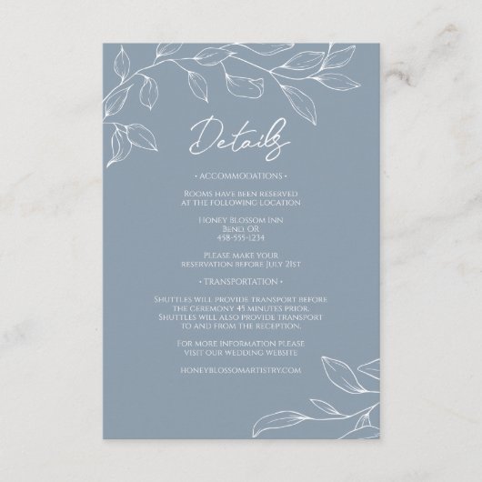 Stoffig Blauw Minimal Leaf Bruiloft Details Informatiekaartje (Voorkant)