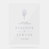 Stoffig blauw minimalistisch bloemenboeket bruilof acryl bord (Voorkant)