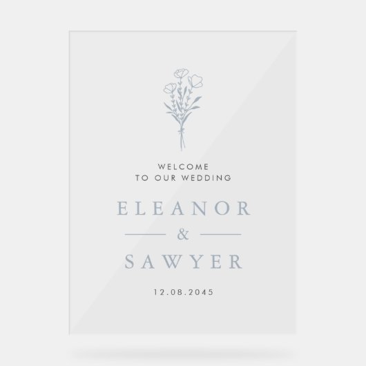 Stoffig blauw minimalistisch bloemenboeket bruilof acryl bord (Voorkant)