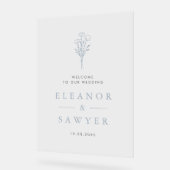 Stoffig blauw minimalistisch bloemenboeket bruilof acryl bord (Hoek)