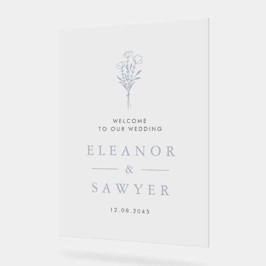 Stoffig blauw minimalistisch bloemenboeket bruilof acryl bord (Hoek)