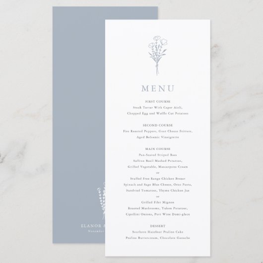 Stoffig blauw minimalistisch bloemenboeket bruilof menu (Voorkant / Achterkant)