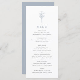 Stoffig blauw minimalistisch bloemenboeket bruilof menu
