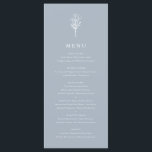 Stoffig blauw minimalistisch bloemenboeket bruilof menu<br><div class="desc">Voeg een vleugje elegantie toe aan uw evenement met onze aanpasbare menukaart, met een bloemenboeket in minimalistische lijnkunst. Ideaal voor bruiloften, afstuderen, verjaardagen en meer. Pas uw menukaart aan uw evenement aan door de tekst- en achtergrondkleuren aan te passen aan uw stijl. Kies uit een breed scala aan kleuropties, van...</div>