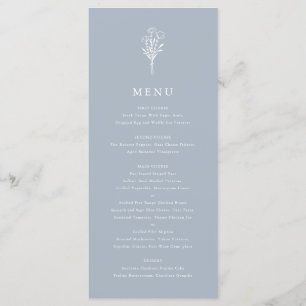 Stoffig blauw minimalistisch bloemenboeket bruilof menu