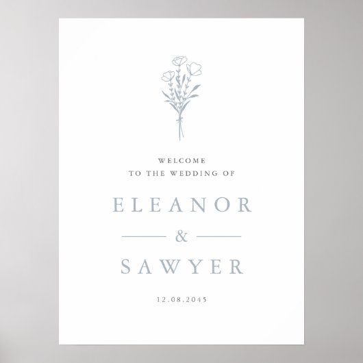 Stoffig blauw minimalistisch bloemenboeket bruilof poster (Voorkant)