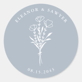 Stoffig blauw minimalistisch bloemenboeket bruilof ronde sticker