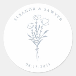 Stoffig blauw minimalistisch bloemenboeket bruilof ronde sticker