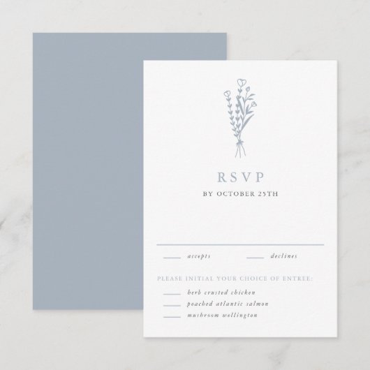 Stoffig blauw minimalistisch bloemenboeket bruilof RSVP kaartje (Voorkant / Achterkant)