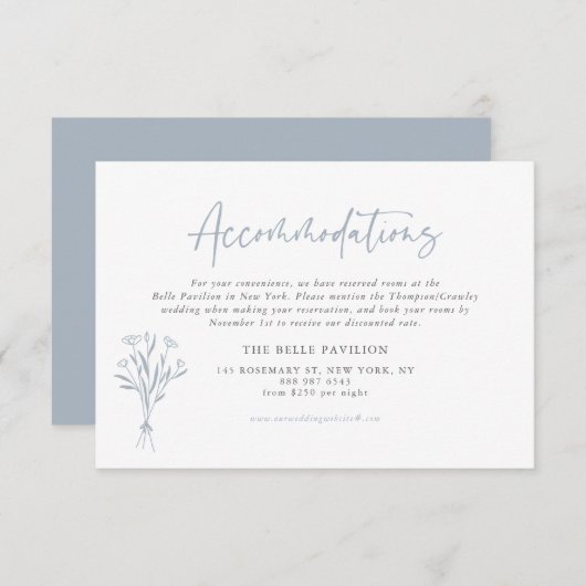 Stoffig blauw minimalistisch boeket accommodaties informatiekaartje (Voorkant / Achterkant)