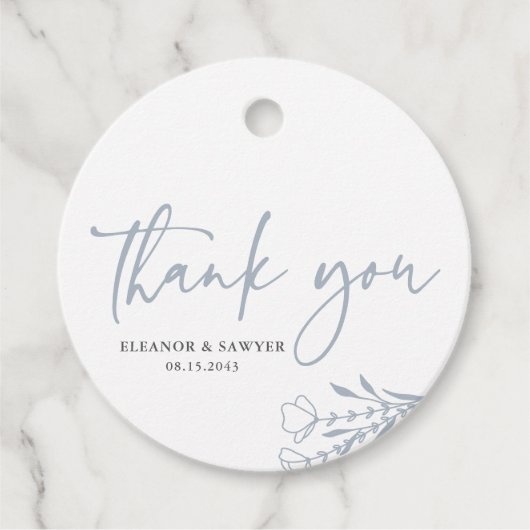 Stoffig blauw minimalistisch boeket bruiloft bedan bedankjes labels (Voorkant)