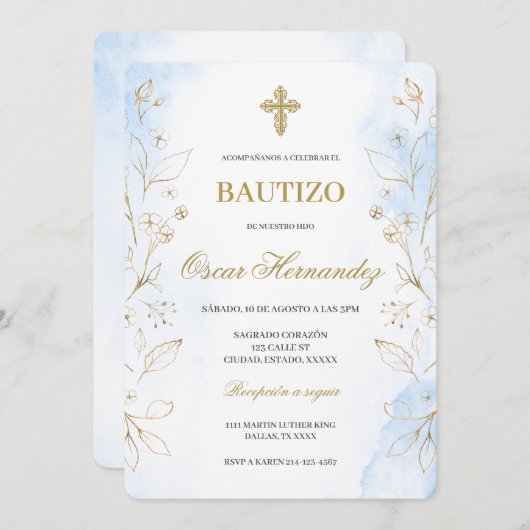 Stoffig blauw minimalistisch doopsel Spaans Kaart (Voorkant / Achterkant)