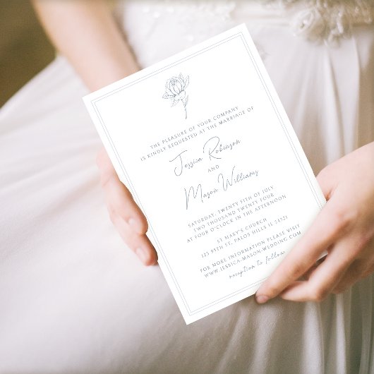 Stoffig blauw minimalistisch Frans bruiloft uitnod Kaart