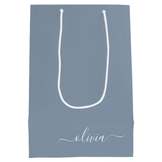 Stoffig Blauw Minimalistisch Modern Elegant Monogr Medium Cadeauzakje (Achterkant)