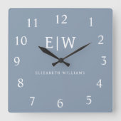 Stoffig Blauw Minimalistisch Modern Elegant Monogr Vierkante Klok (Voorkant)