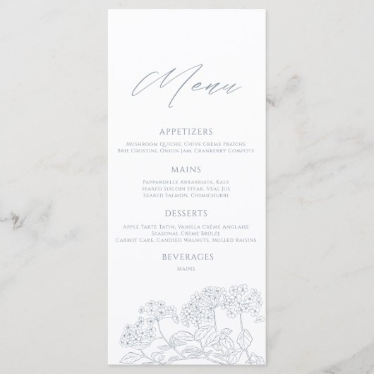 Stoffig Blauw Modern  Bloemen Bruiloft Menu (Voorkant)