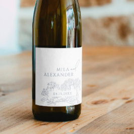 Stoffig Blauw Modern Bloemen Bruiloft Wijn Etiket