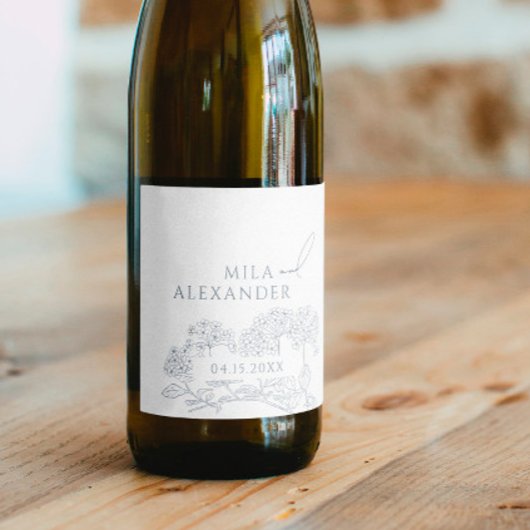 Stoffig Blauw Modern Bloemen Bruiloft Wijn Etiket