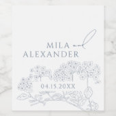 Stoffig Blauw Modern Bloemen Bruiloft Wijn Etiket (Enkel label)