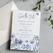 Stoffig blauw modern bloemeneenvoudige bruiloft save the date