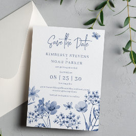 Stoffig blauw modern bloemeneenvoudige bruiloft save the date