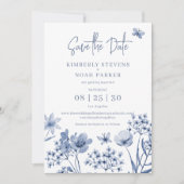 Stoffig blauw modern bloemeneenvoudige bruiloft save the date (Voorkant)