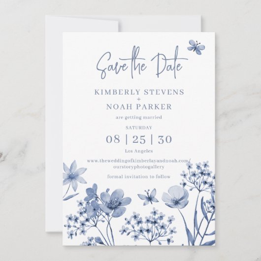Stoffig blauw modern bloemeneenvoudige bruiloft save the date (Voorkant)