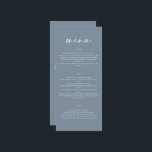 Stoffig blauw modern eenvoudig elegant script brui menu<br><div class="desc">Moderne eenvoudige elegante natuurlijke Dusty blauwe bruiloft menu. Modern schoon ontwerp. Script tekst.</div>