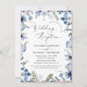 Stoffig Blauw Modern Floral Bruiloft Receptie Kaart (Voorkant)